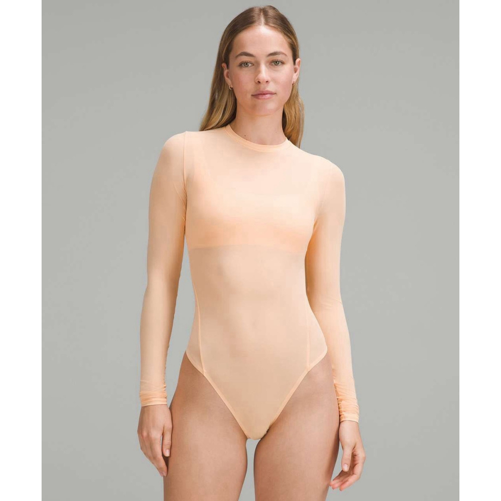 NWT Lululemon Bodysuit Wundermost Nulu Mesh Crewneck Long-Sleeve Peach Sz. L